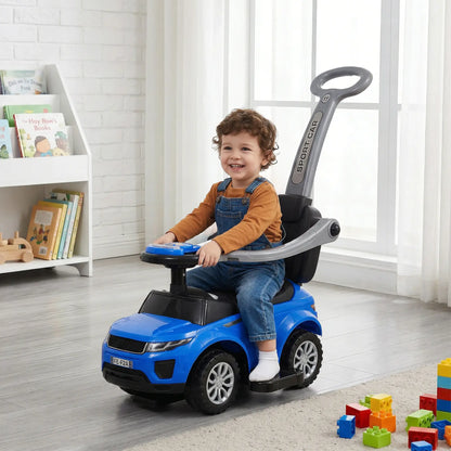 2 en 1 Poussette Voiture à Pousser pour Enfant, Voiture à Glissière avec Klaxon, Musique, Lumière, Barre de Sécurité, Bleu