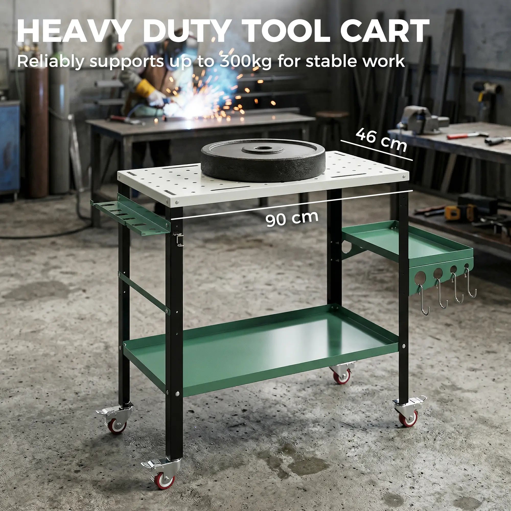 2Tier Rolling Tool Cart with Wheels, Lockable Steel Heavy Duty Cart with Side Tray, Silver &; Green Tool Organizers at Gallery Canada