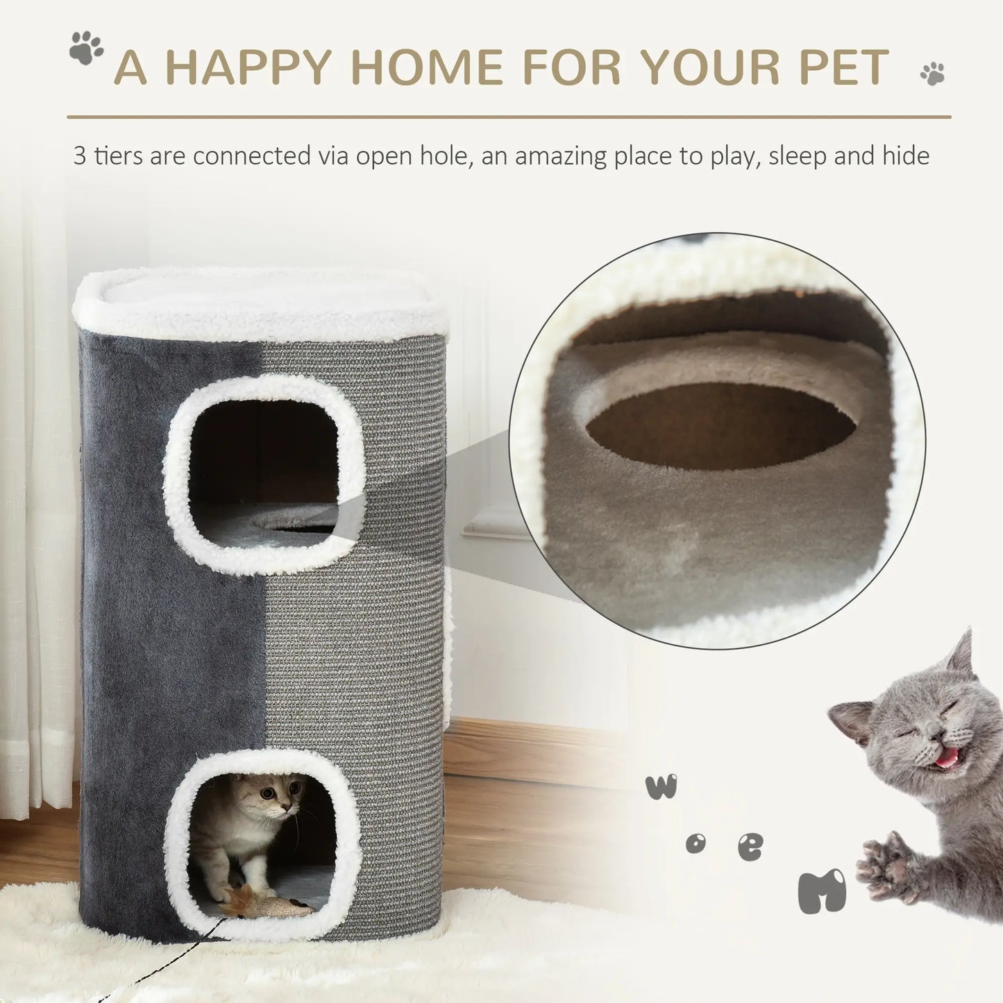 4-Story Cat House, Sisal Scratching Surface, Removable Cushion, 16" x 16" x 29", Grey Cat Houses at Gallery Canada