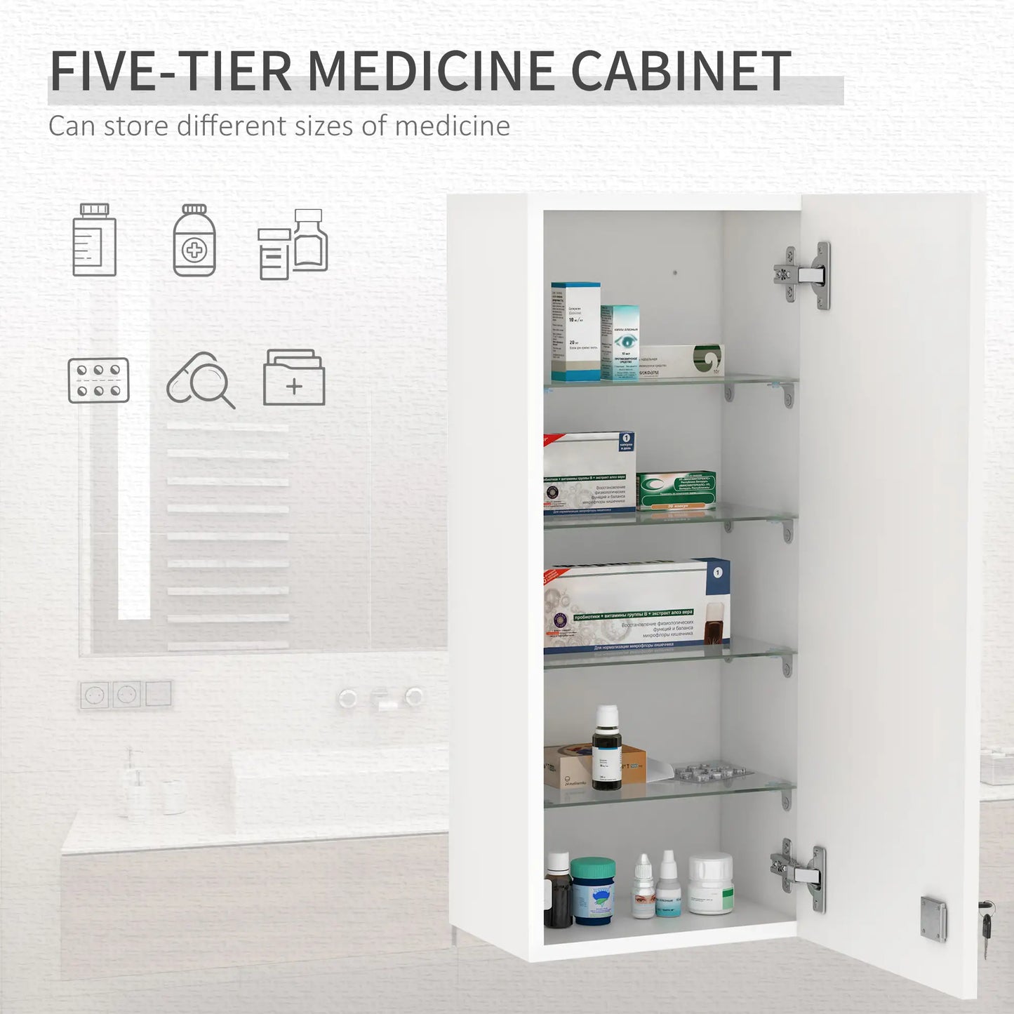 Wall Mount Medicine Cabinet, 5-Tier Lockable, Adjustable Shelves, White Mirror Medicine Cabinets at Gallery Canada