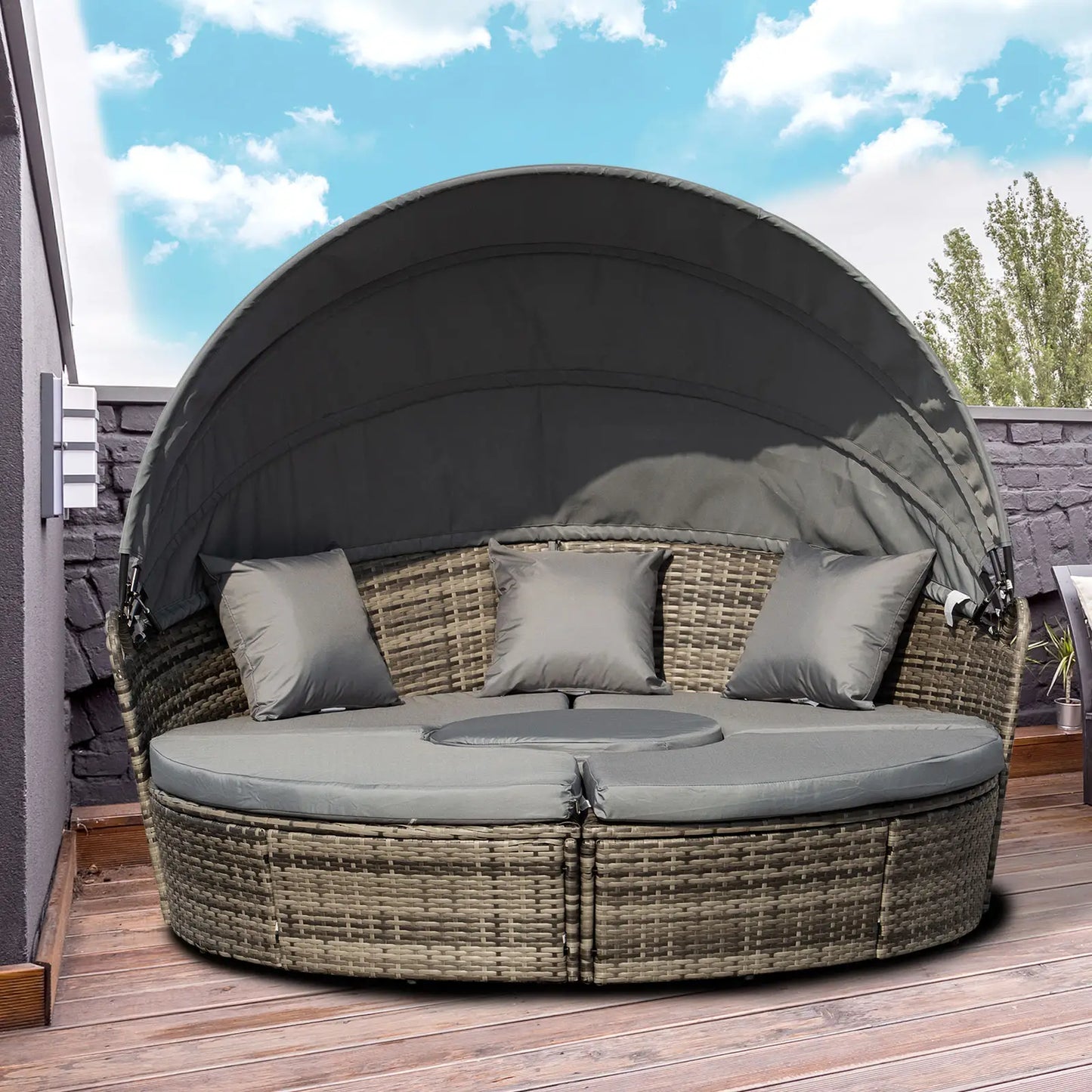 Outdoor Daybed with Canopy, PE Rattan Round Sofa, Patio Set with Cushions, Grey Daybeds at Gallery Canada