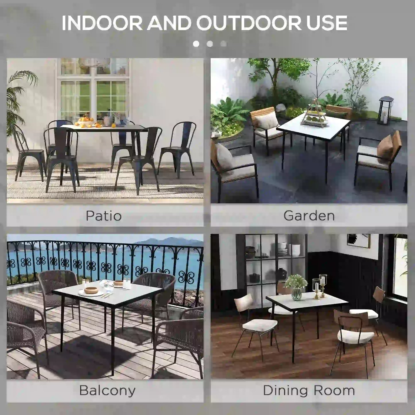 Square Outdoor Dining Table for 4, Marble Effect Glass Top, Steel Frame, White Patio Dinning Tables at Gallery Canada