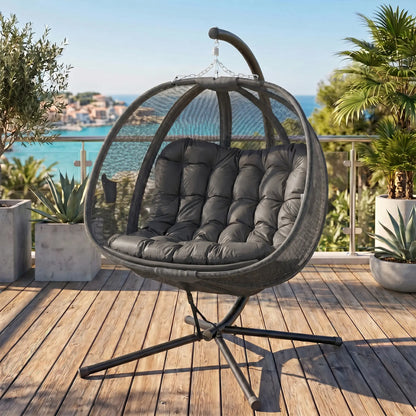 Double Egg Chair with Stand, 2 Person Hanging Swing, Grey Patio Swings with Stand at Gallery Canada