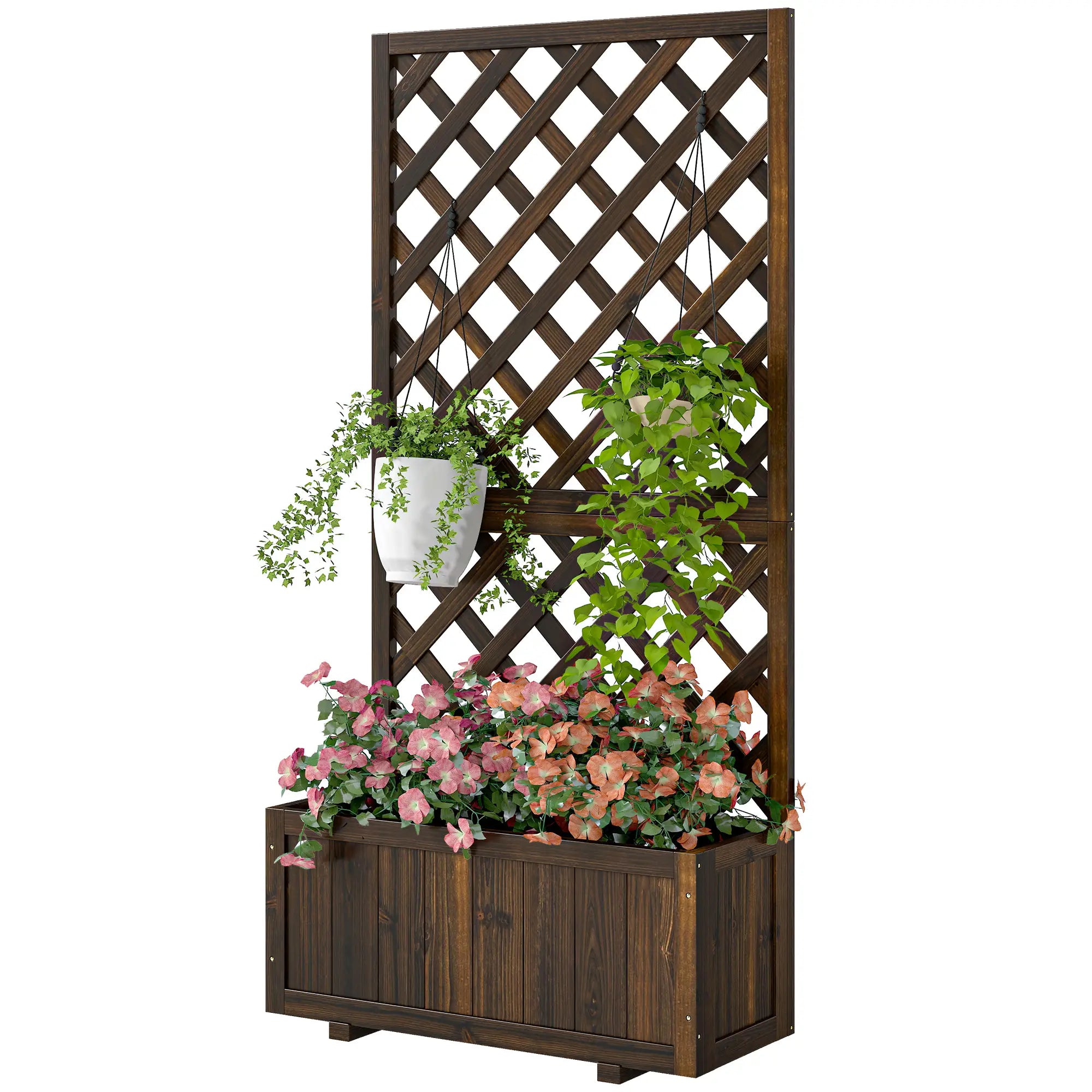 2.4 x 1 x 4.9 ft Wooden Pine Trough Planter with Trellis, Carbonized Wooden Planter Boxes at Gallery Canada