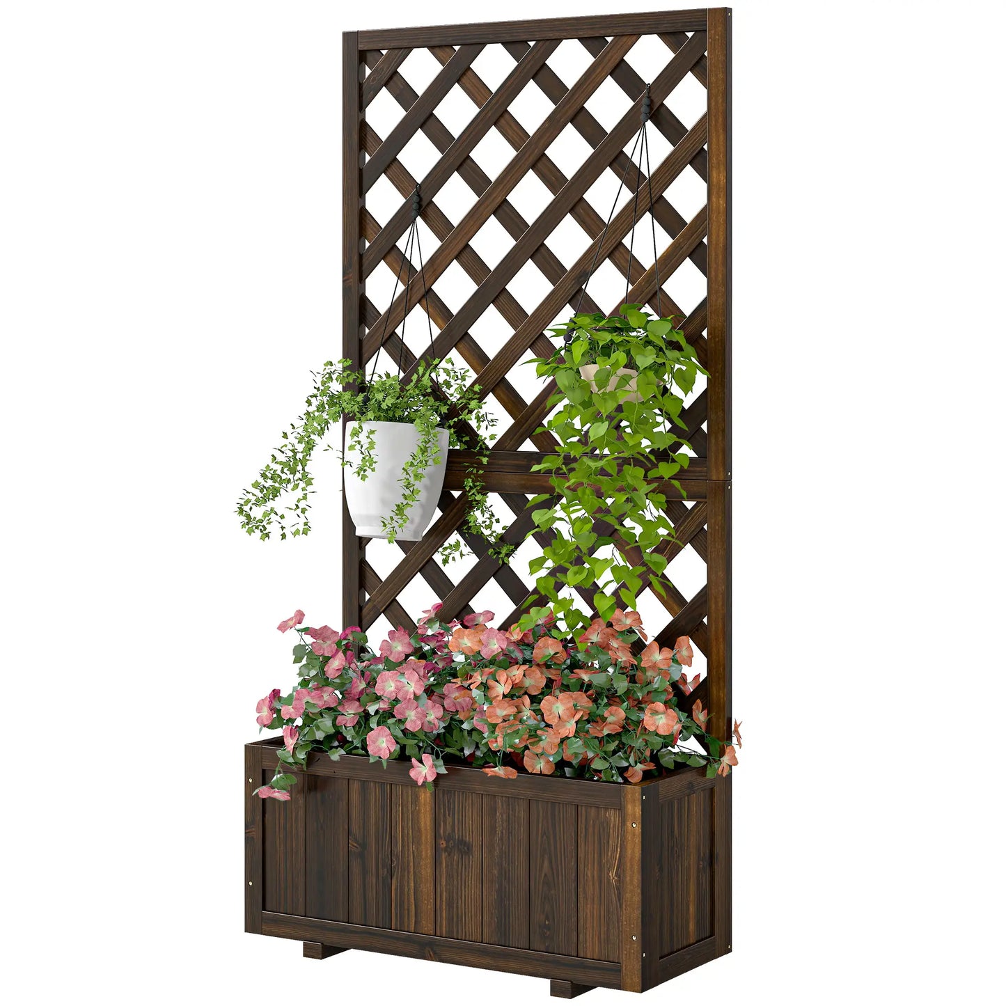 2.4 x 1 x 4.9 ft Wooden Pine Trough Planter with Trellis, Carbonized Wooden Planter Boxes at Gallery Canada