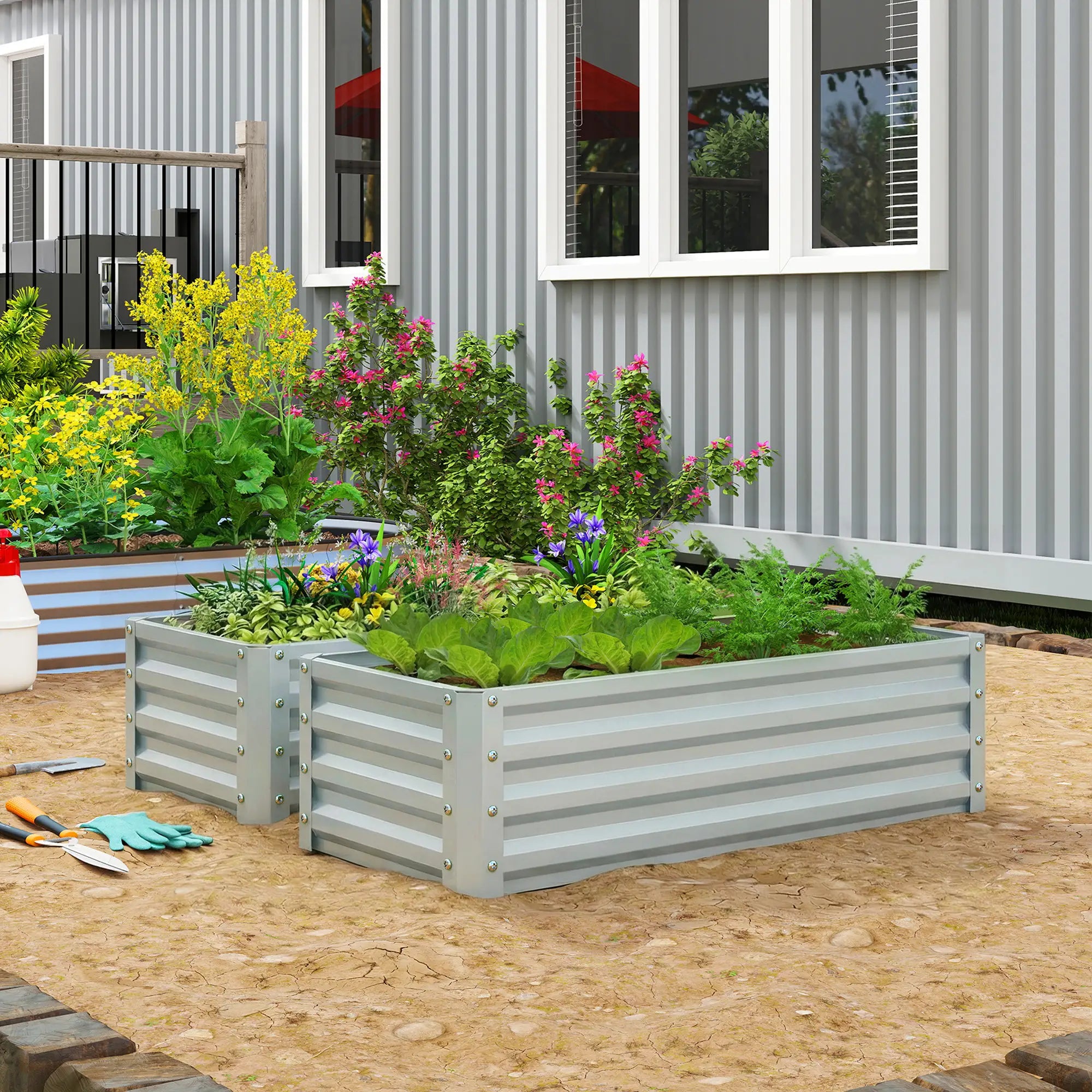Galvanized Raised Garden Beds, Outdoor Planter Box, Set of 2, Silver Galvanized Planter Boxes at Gallery Canada