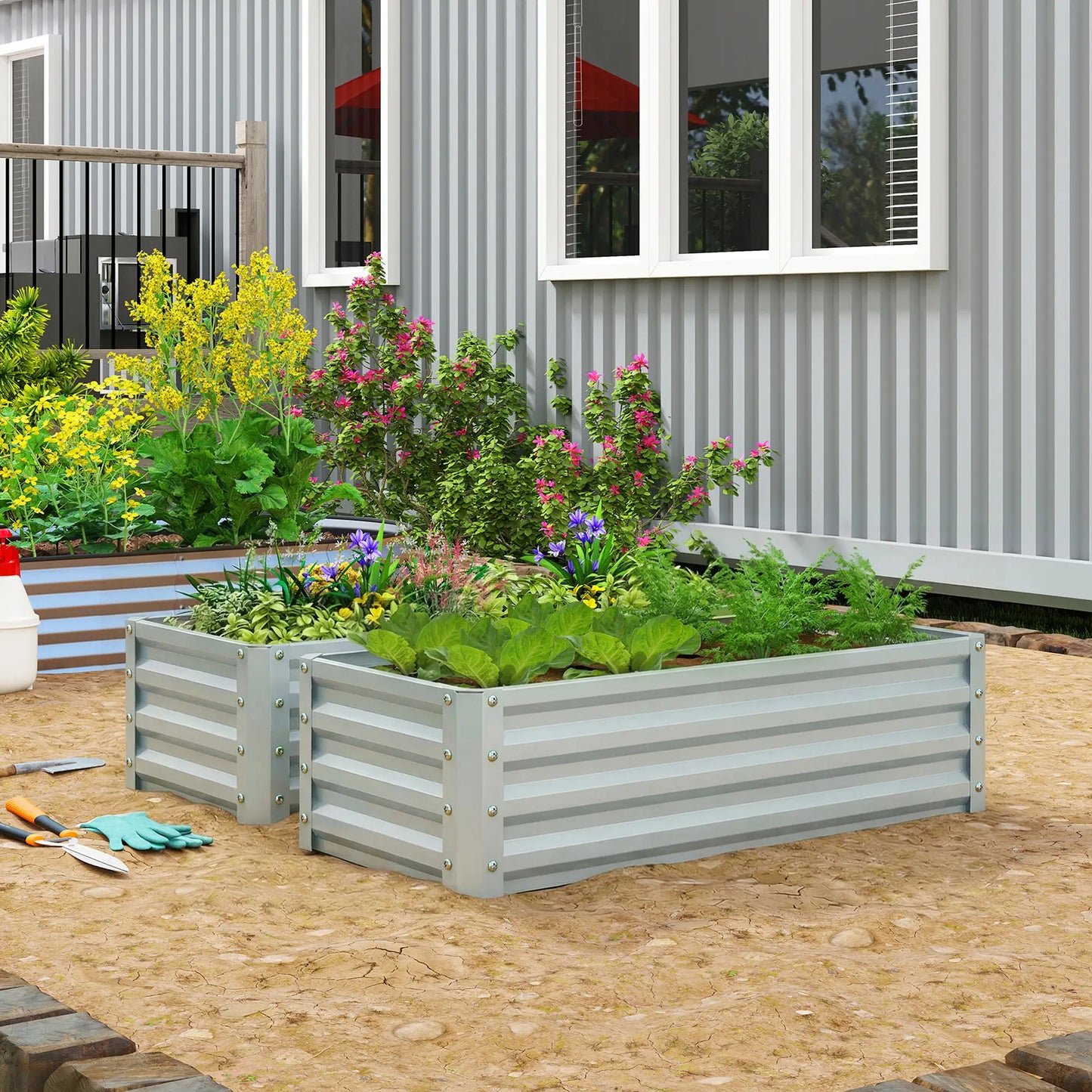 Galvanized Raised Garden Beds, Outdoor Planter Box, Set of 2, Silver Galvanized Planter Boxes at Gallery Canada