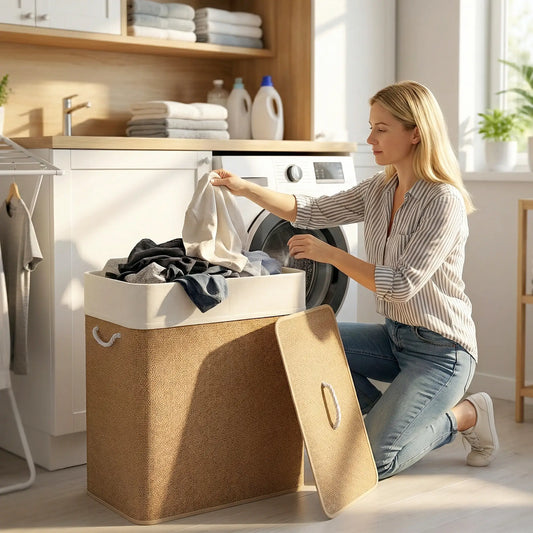 Double Laundry Basket with Lid, 100L Bamboo Hamper, Removable Bags, Brown Clothing Storage Brown, Cream White at Gallery Canada