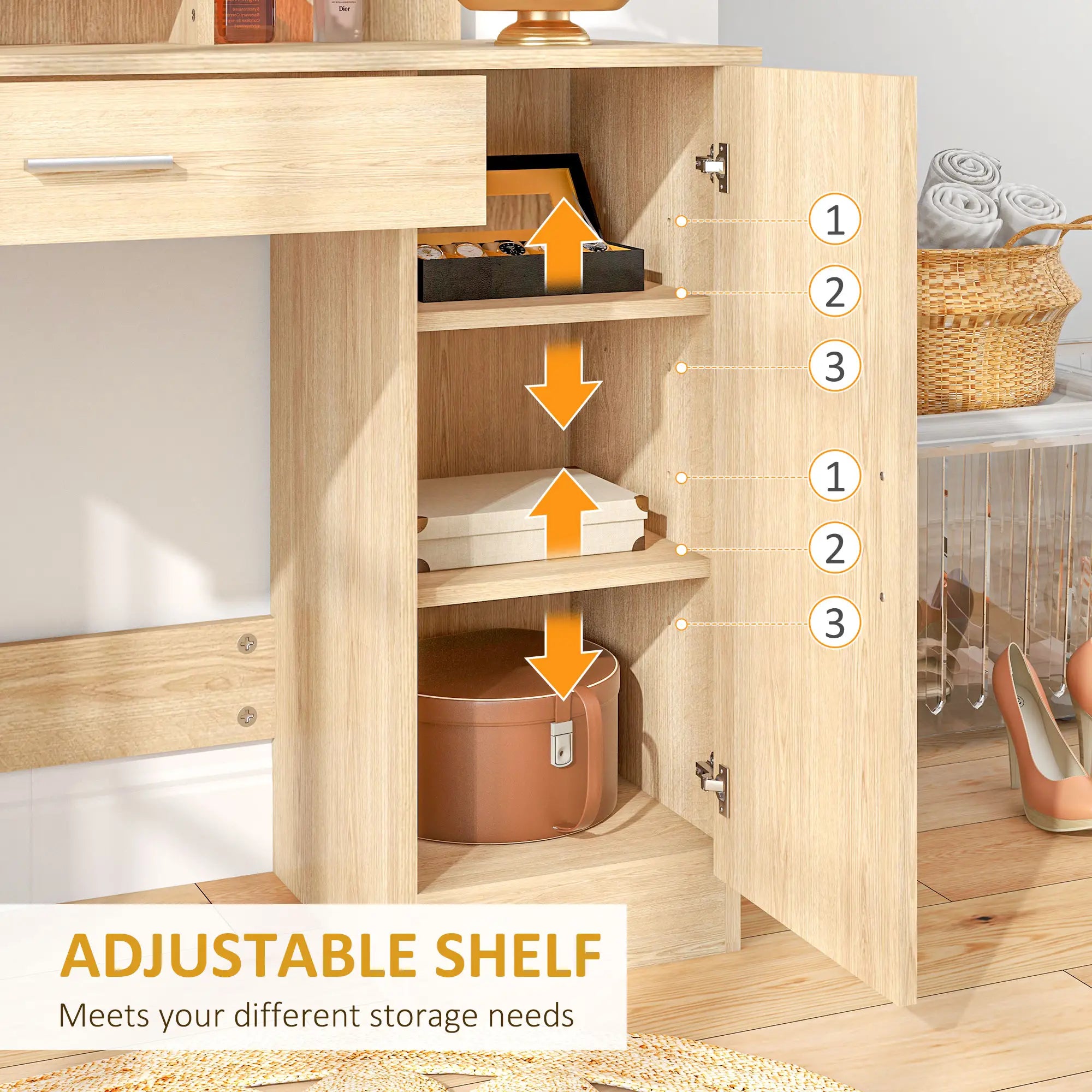 Vanity Table with Mirror, Drawer, Storage Shelves, 35.4 x 15 x 54.3 Inches, Natural Wood Dressing & Vanity Tables at Gallery Canada