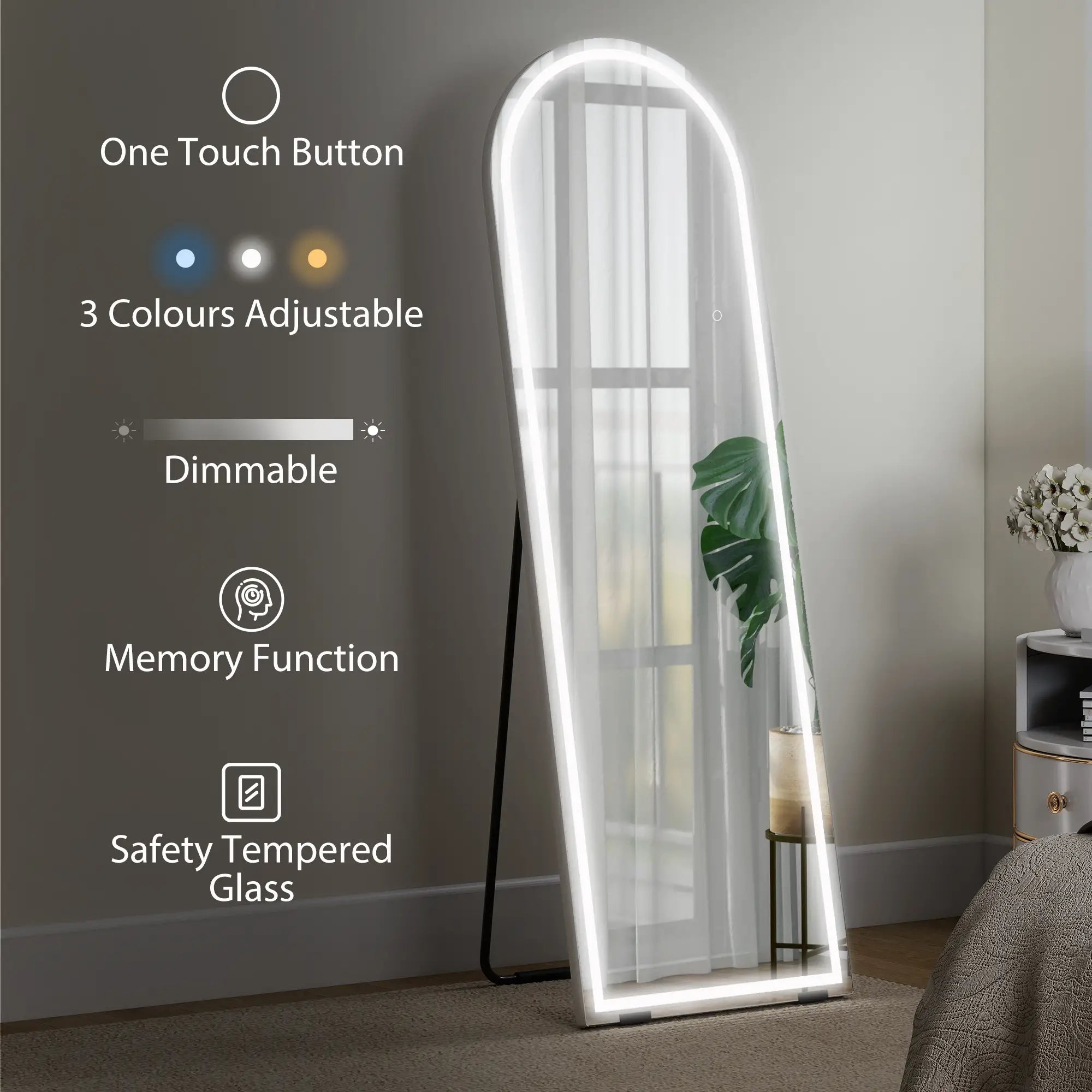 Free Standing Mirror, Dimmable 3 Color LED Lights, 64