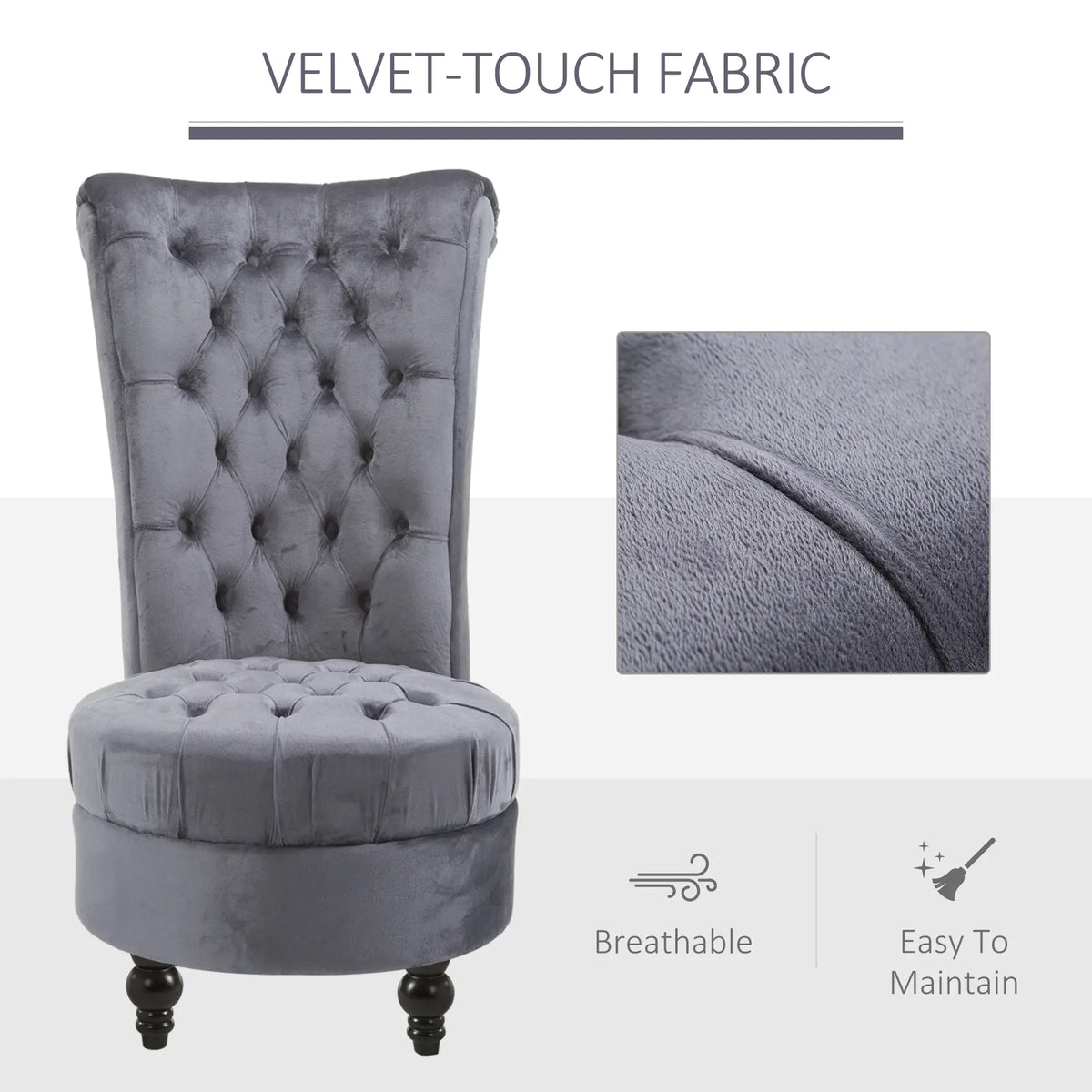 45" Tufted High Back Velvet Accent Chair, Soft Padded Lounge, Ash Grey Single Sofas at Gallery Canada