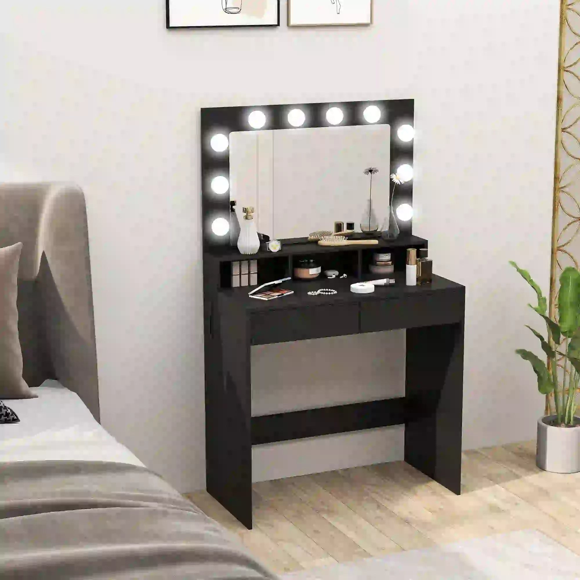 Vanity Table With LED Mirror, Charging Station, Drawers, Black Dressing & Vanity Tables at Gallery Canada