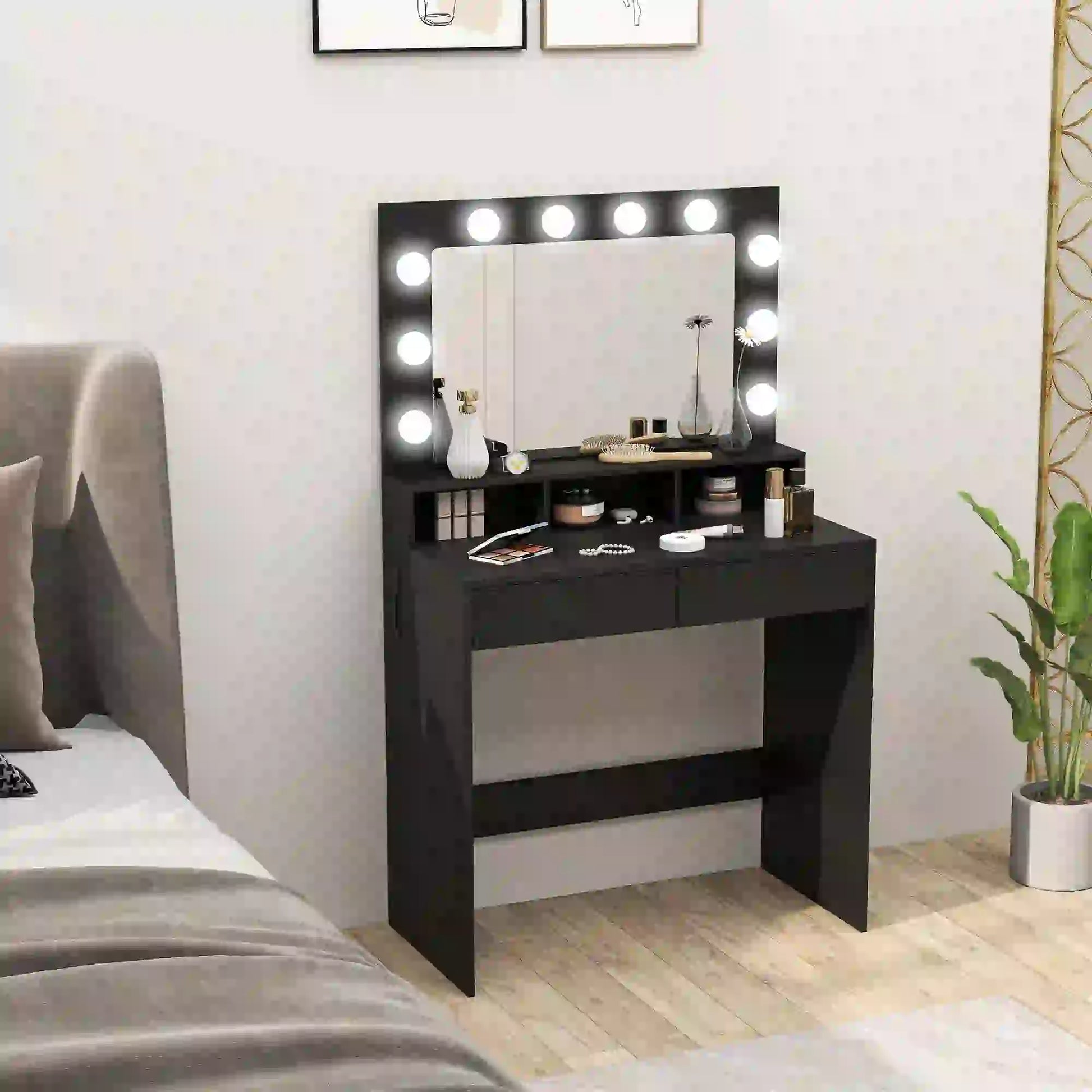 Vanity Table With LED Mirror, Charging Station, Drawers, Black Dressing & Vanity Tables at Gallery Canada