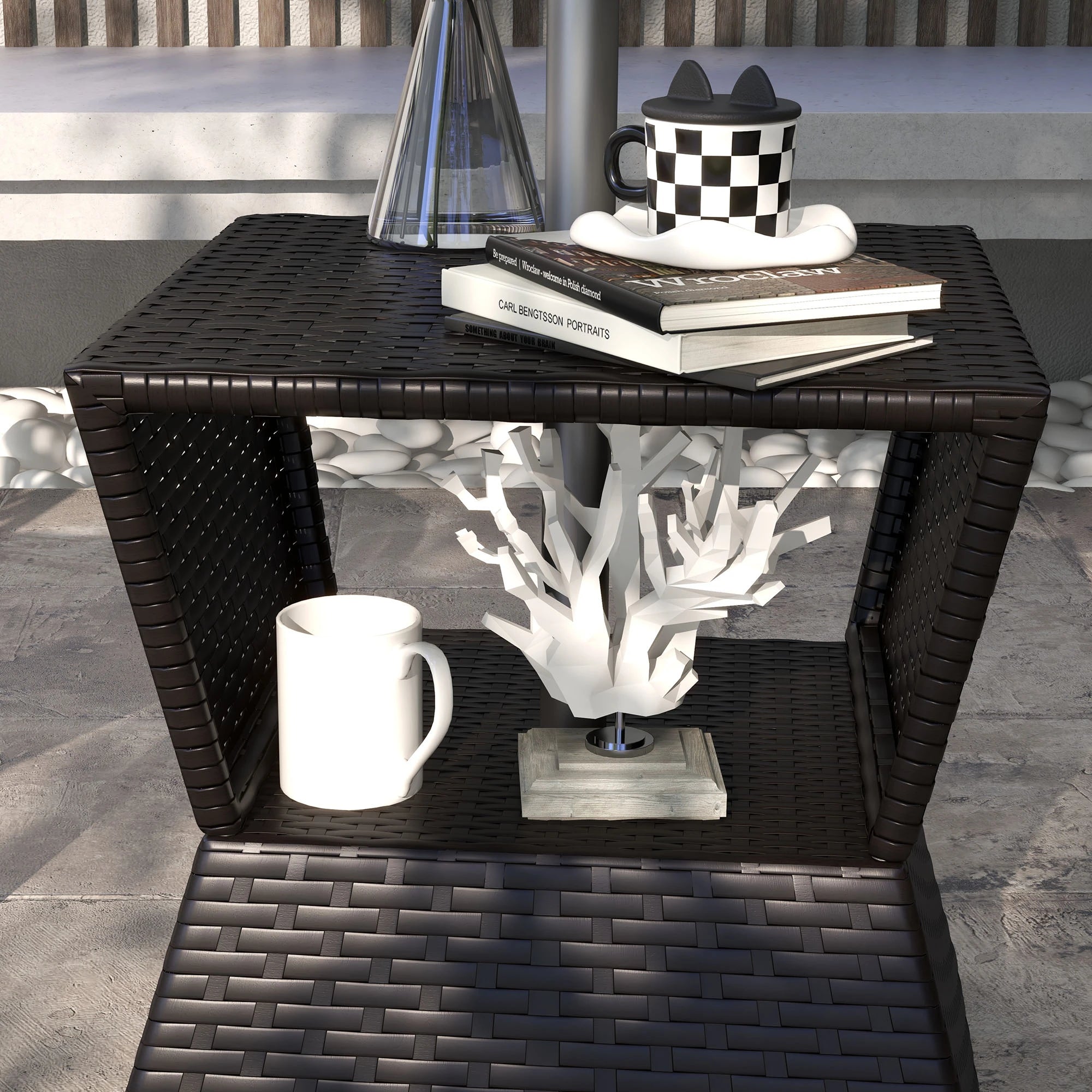 Outdoor Rattan Coffee Table, Garden Side Table w/ Umbrella Hole, Dark Coffee Patio Side Tables at Gallery Canada