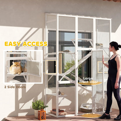 Wooden Catio Outdoor Cat Enclosure, 6 Platforms, Scratching Post, 2 Ramps, Waterproof Roof, White Outdoor Cat Enclosures at Gallery Canada