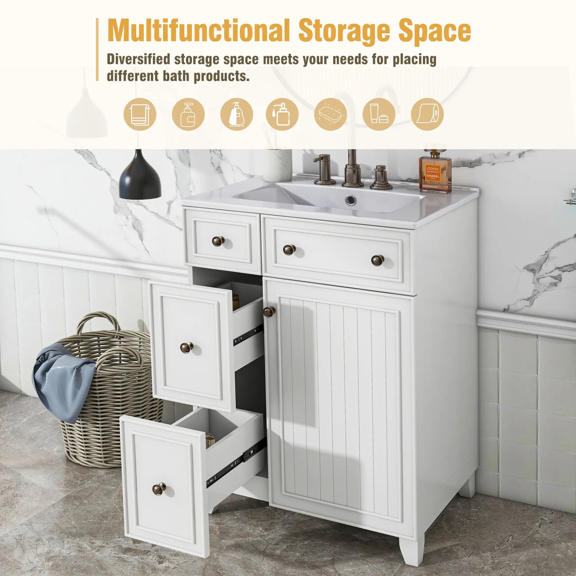 Bathroom Vanity Cabinet, 2 Drawers, Ceramic Sink, Solid Wood, 24