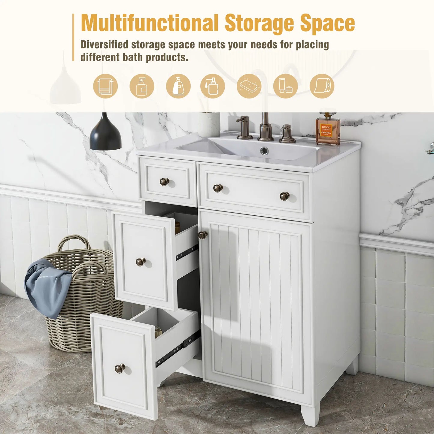 Bathroom Vanity Cabinet, 2 Drawers, Ceramic Sink, Solid Wood, 24" L x 18.5" W x 34.5" H, White Sink Cabinets at Gallery Canada