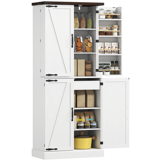 72" Tall Kitchen Pantry Cabinet, Farmhouse Storage Cabinet with 8 Door Racks and Adjustable Shelves, White Kitchen Pantry Cabinets White, Oak at Gallery Canada