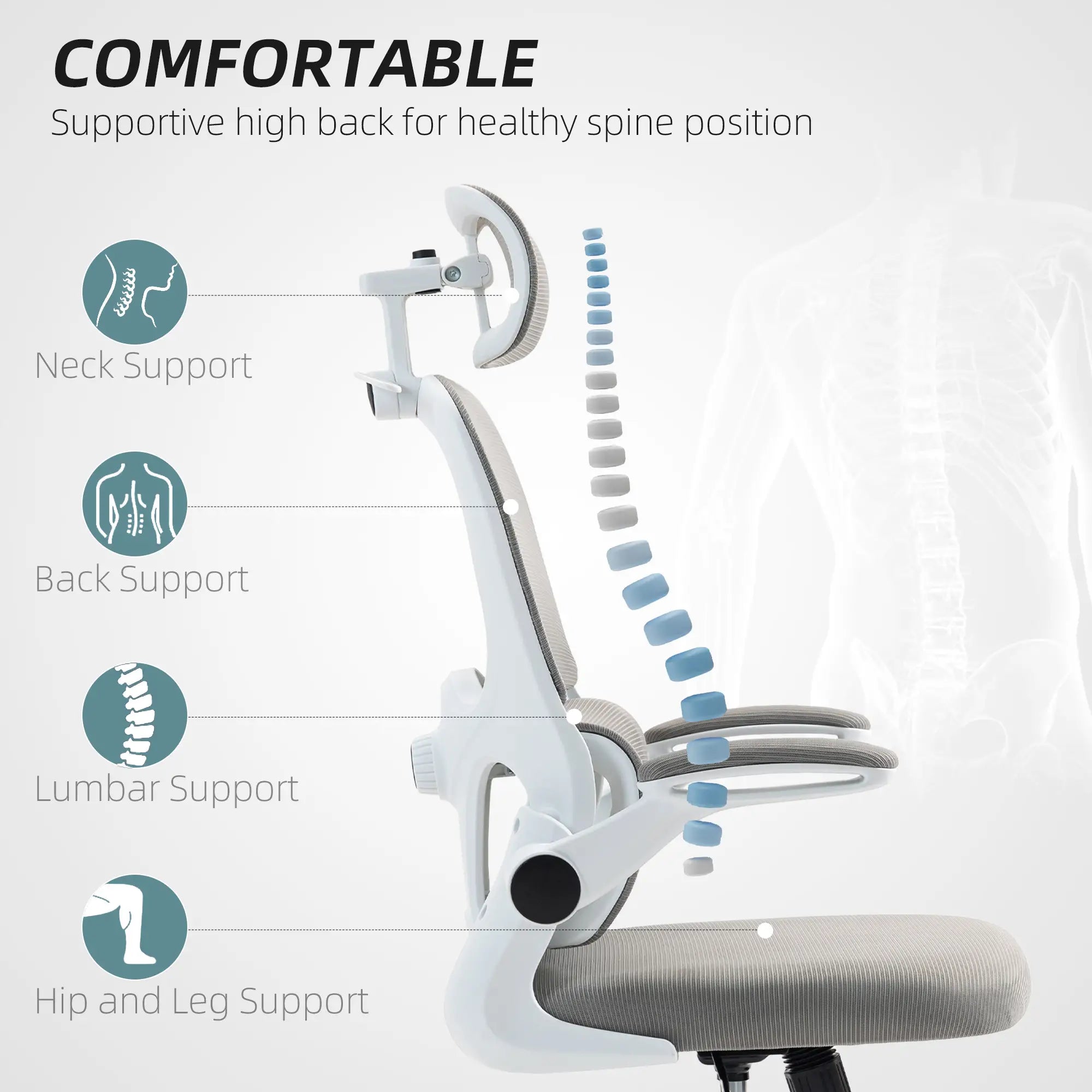Mesh Office Chair, Ergonomic with Flip-Up Armrest, Rotatable Headrest, Adjustable Lumbar Support, Grey Office Chairs at Gallery Canada