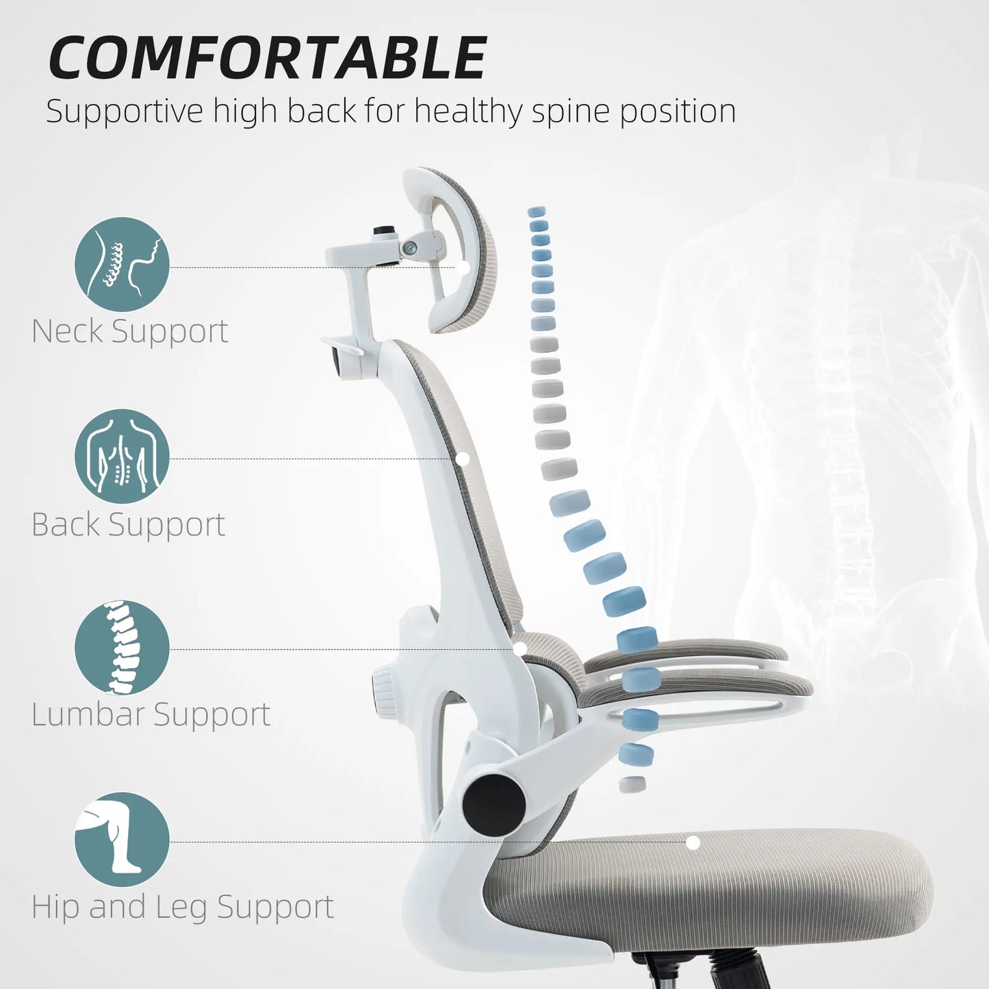 Mesh Office Chair, Ergonomic with Flip-Up Armrest, Rotatable Headrest, Adjustable Lumbar Support, Grey Office Chairs at Gallery Canada