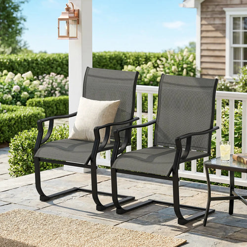 Spring Motion Patio Chairs Set Of 2, Curved High Backrest, All Weather Fabric, Metal Frame