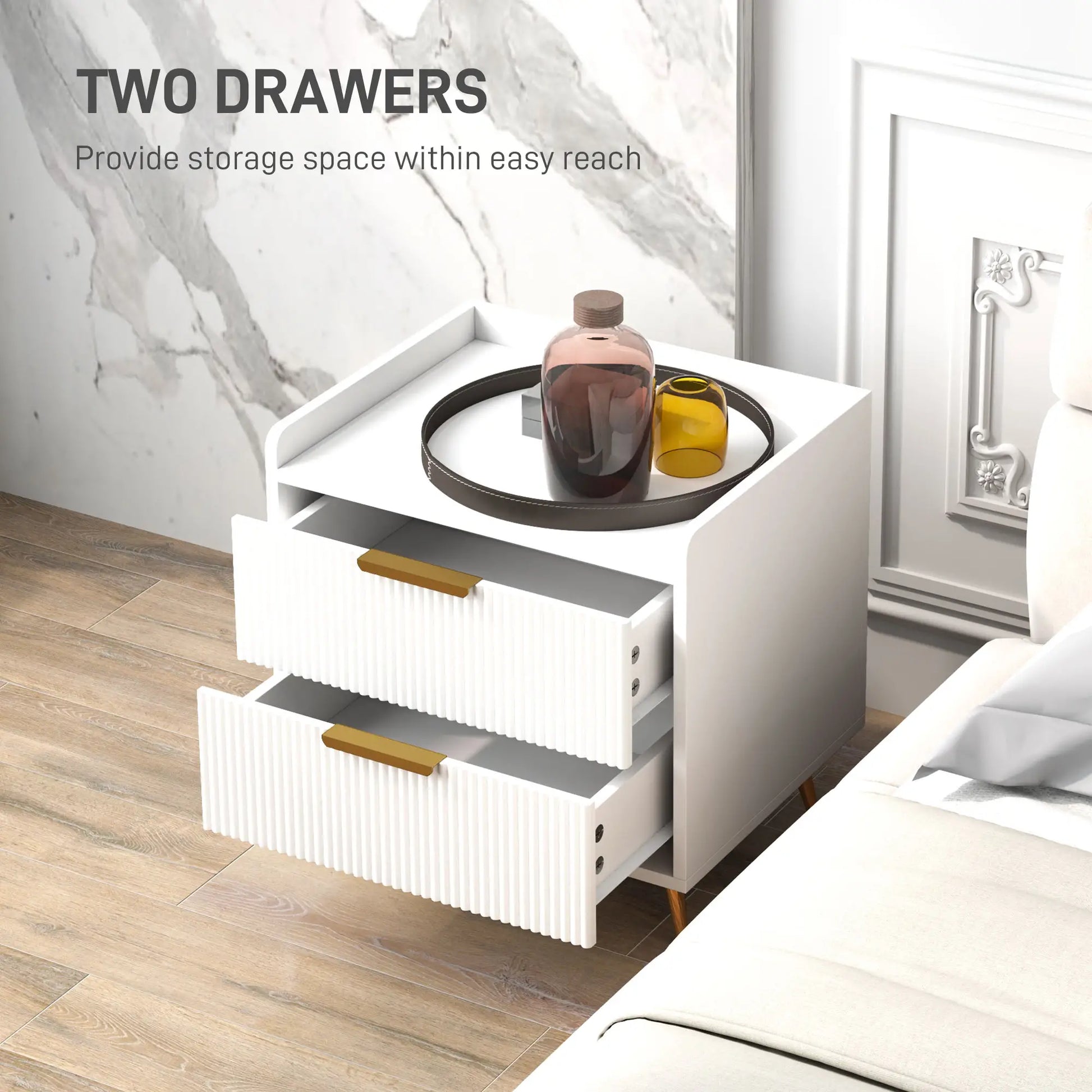 Bedside Table, Nightstand with 2 Drawers, Metal Legs, White Bedside Tables at Gallery Canada