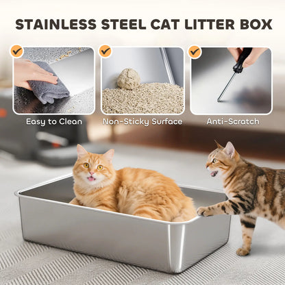 XL Stainless Steel Cat Litter Box, 80L with Front Top Entry, Trapping Step, Scoop, for Large Cats Cat Litter Box Enclosures at Gallery Canada