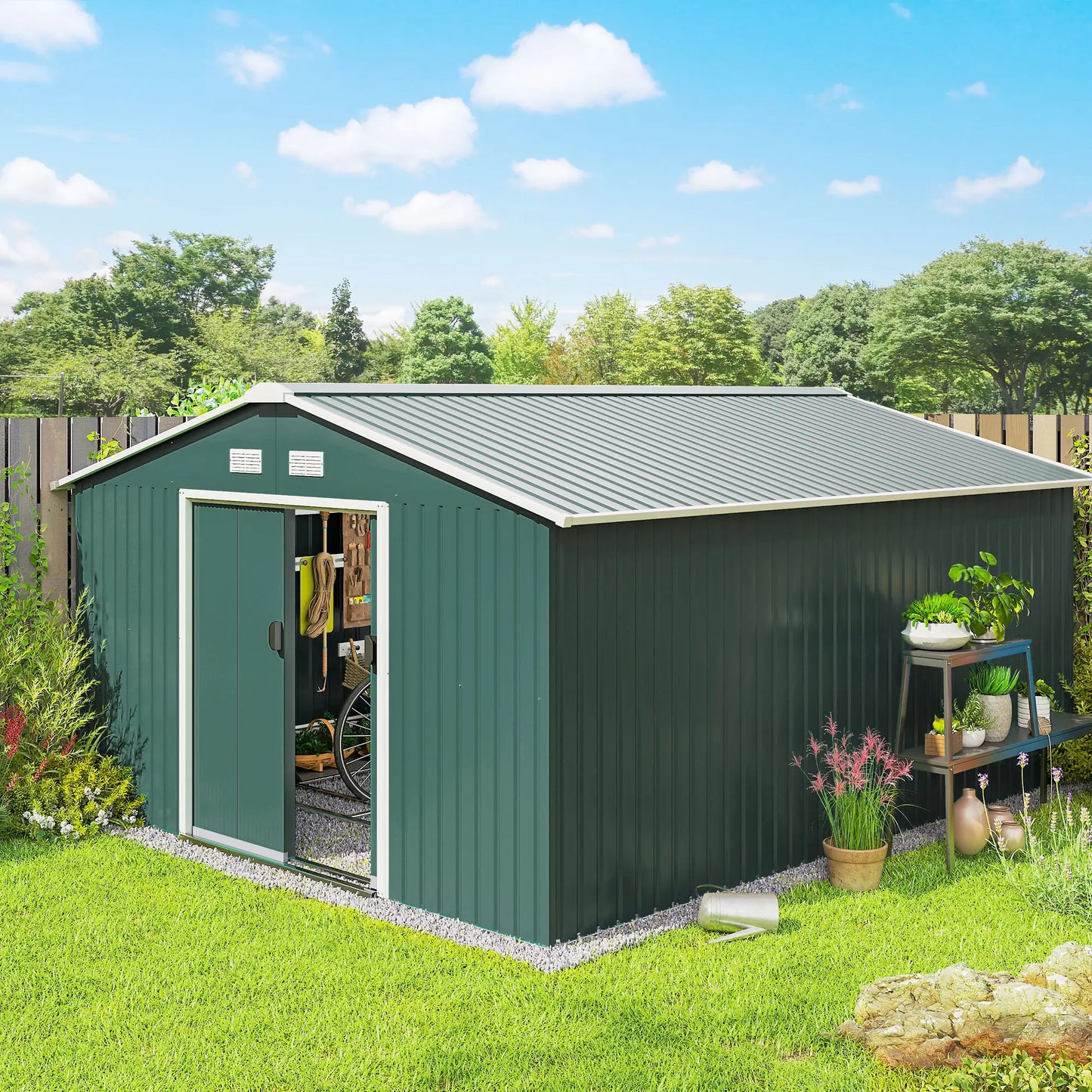11' x 13' Garden Storage Shed, Double Sliding Door, 4 Ventilation Slots, Green Sheds at Gallery Canada