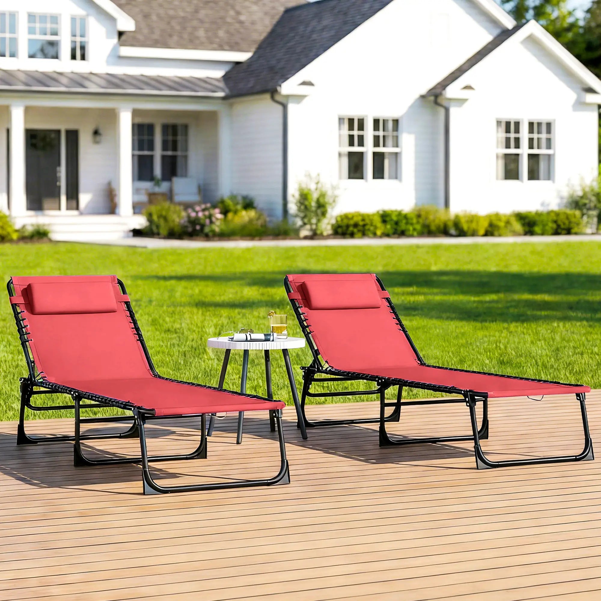 Folding Lounge Chair, Adjustable Chaise With Headrest, Reclining Cot, Wine Red Lounger Chairs at Gallery Canada