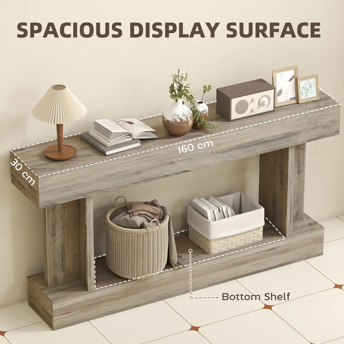 63 Inch Console Table, Vintage Narrow with Storage Shelf, Light Brown Console Tables at Gallery Canada