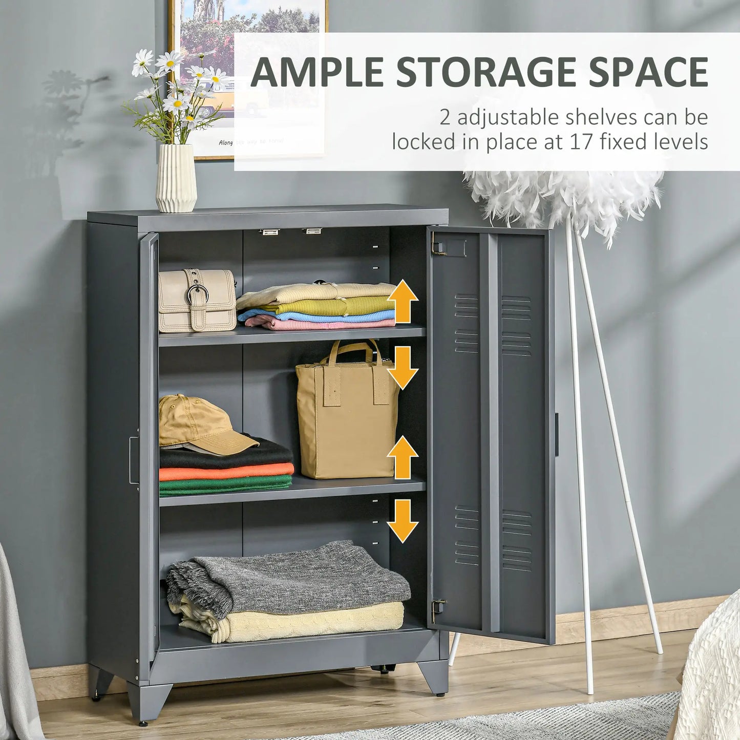 Metal Storage Cabinet, 2 Louvered Doors, Adjustable Shelves, Grey Storage Cabinets at Gallery Canada