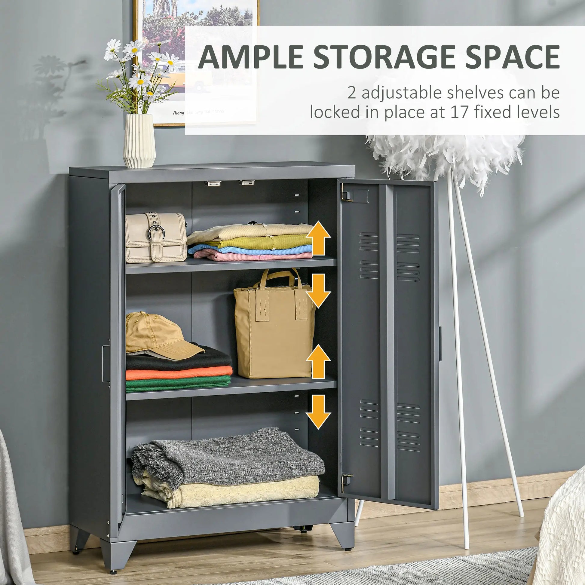 Metal Storage Cabinet, 2 Louvered Doors, Adjustable Shelves, Grey Storage Cabinets at Gallery Canada