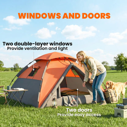 Pop up Camping Tent, 3-4 Man Family Tent, 3000mm Waterproof, with Carry Bag and Top Hook, Dark Grey and Orange Camping Tents at Gallery Canada
