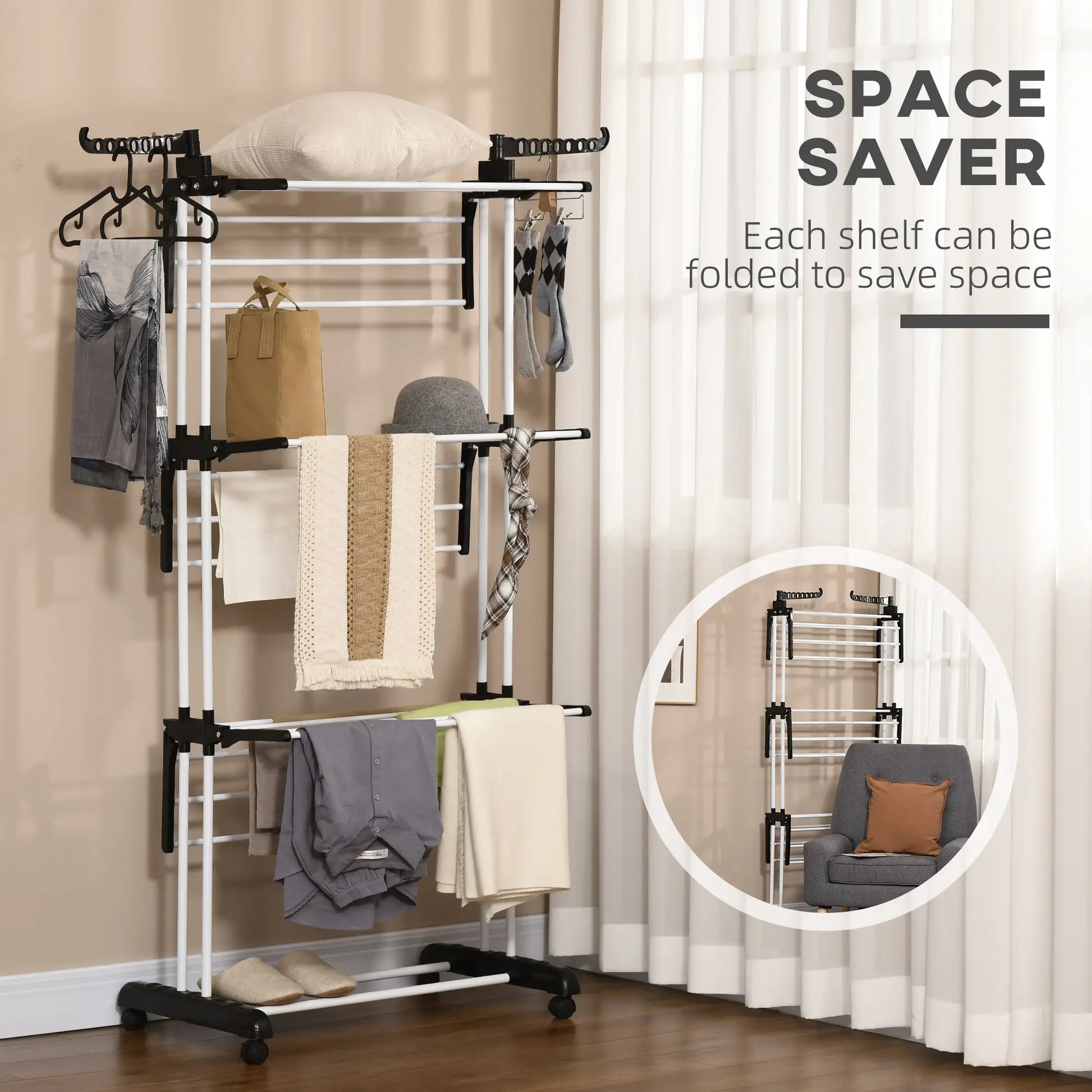 Foldable 4-Tier Steel Clothes Drying Rack, 2 Side Wings, 4 Castors, Black Bath Accessories at Gallery Canada