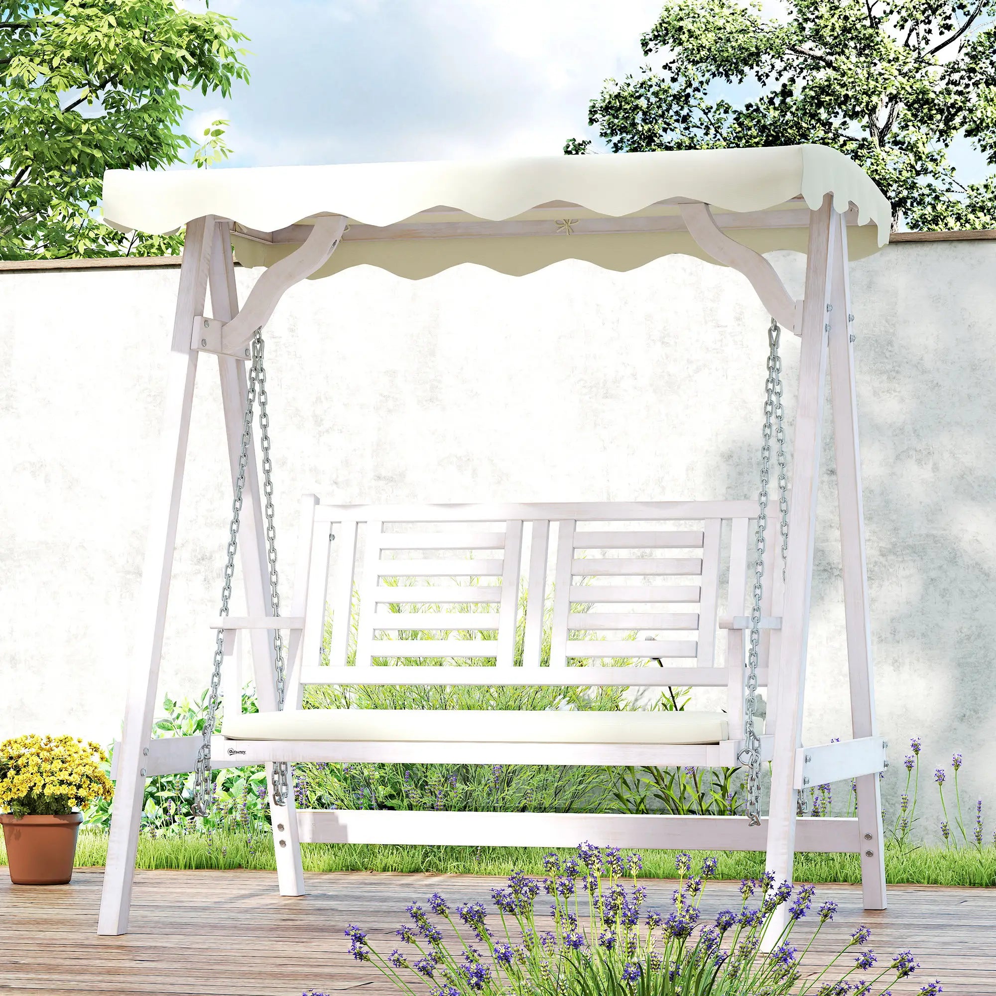 2 Seater Patio Swing with Stand, Canopy, Cushion, Wooden Bench Patio Swings with Stand at Gallery Canada
