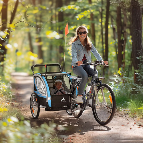2 Seat Bike Trailer, Double Jogging Stroller, Handbrake, Rubber Wheels, Blue