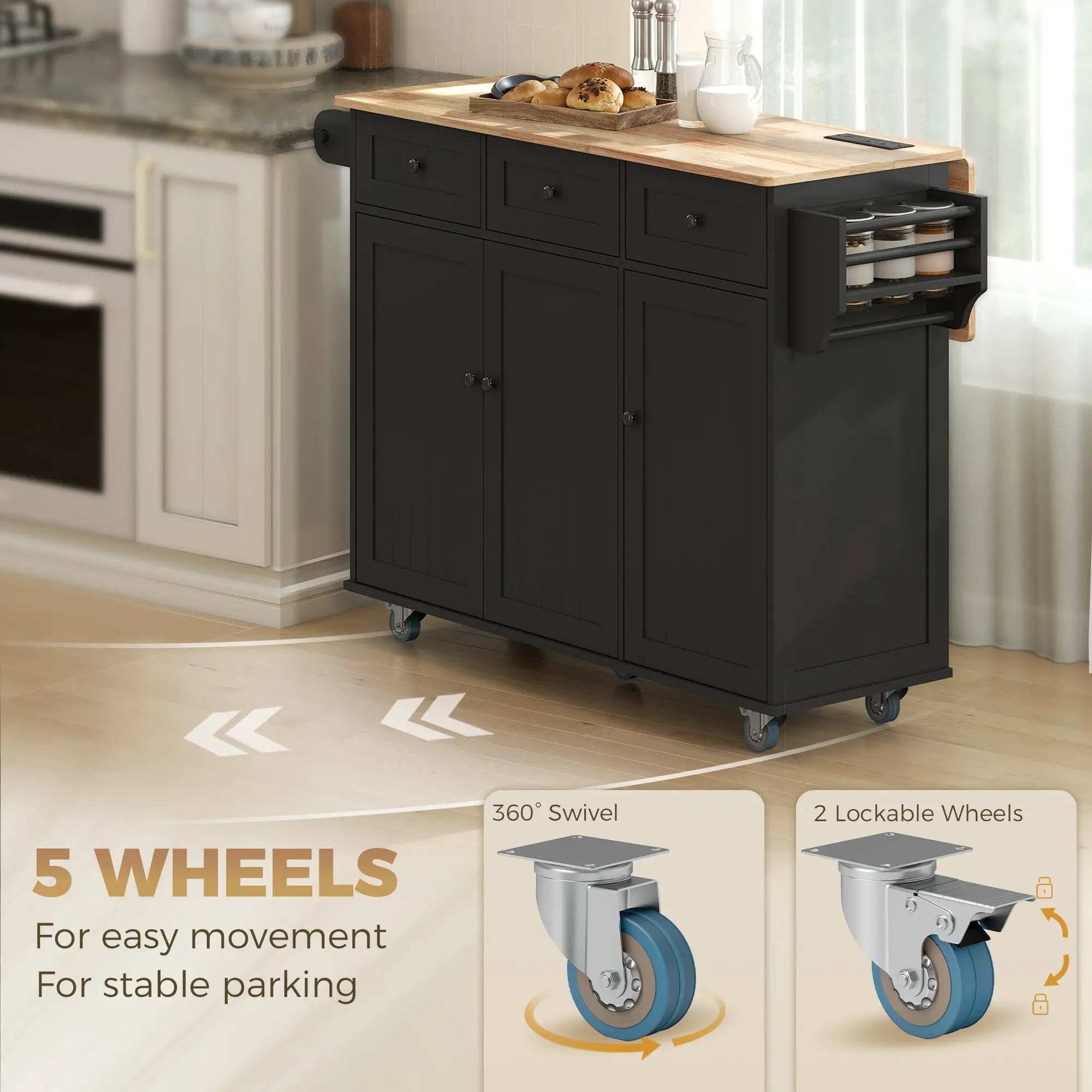 Kitchen Island On Wheels With Drop Leaf, Charging Station, Black Kitchen Islands & Kitchen Carts at Gallery Canada
