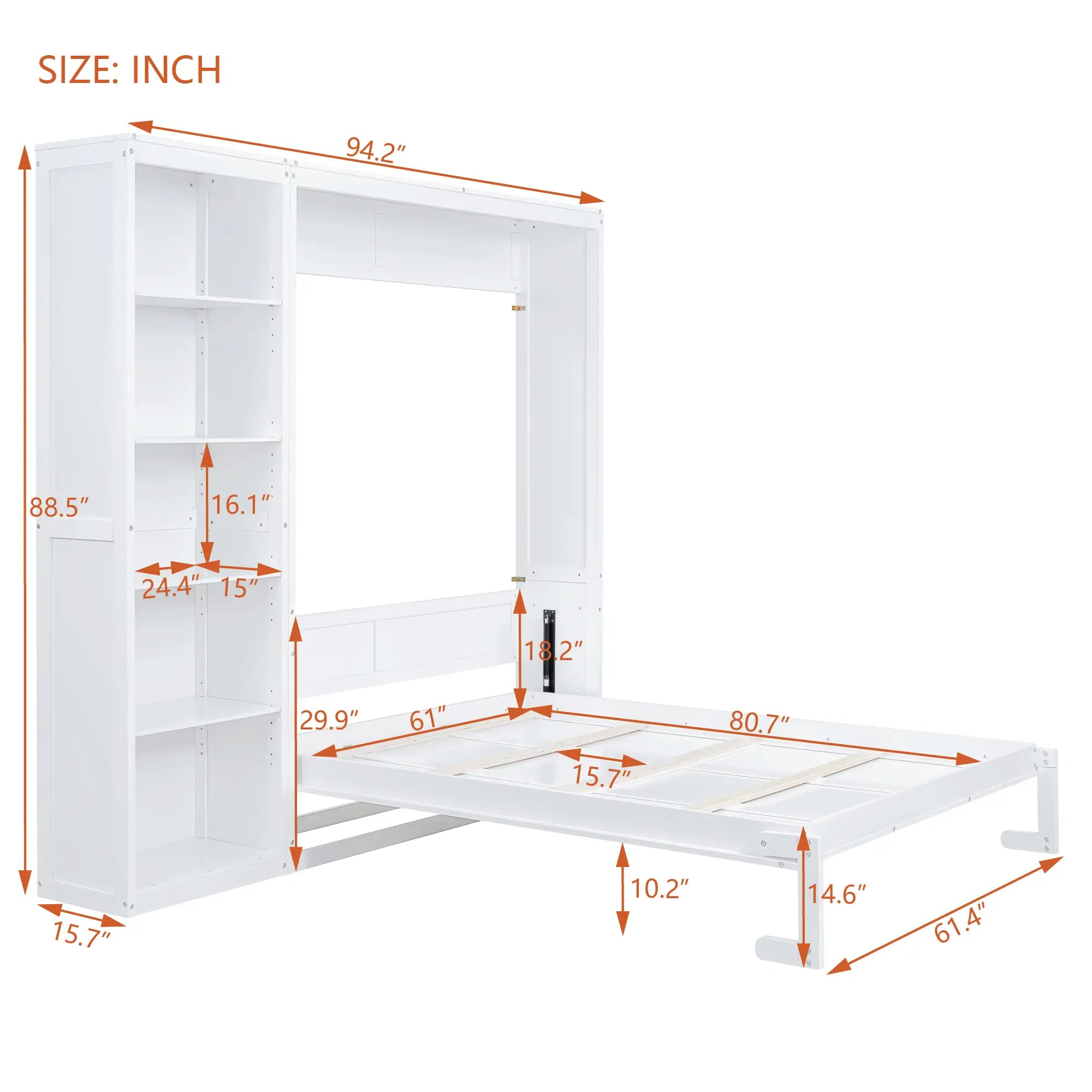 Murphy Bed with Shelves, Dual Piston Mechanism, 94