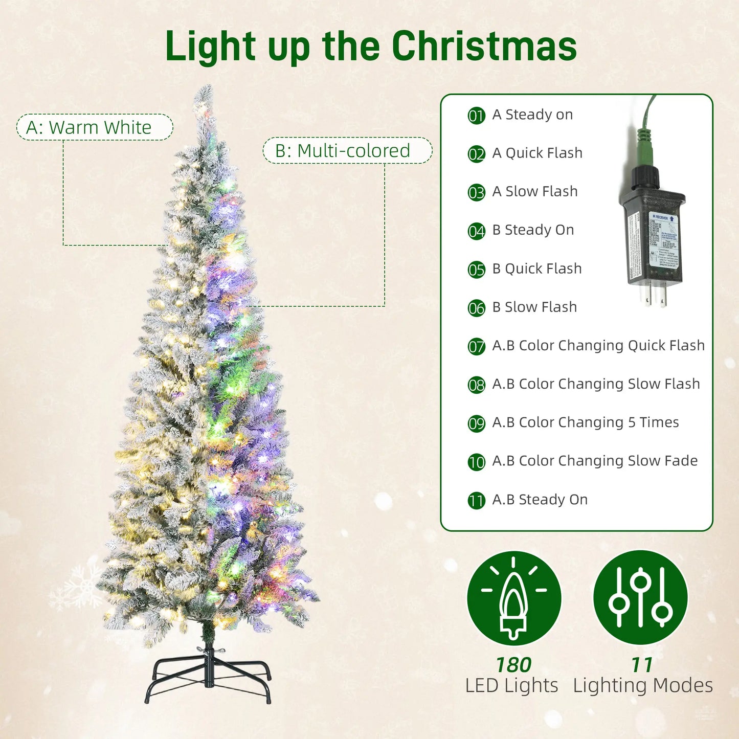 6ft Flocked Christmas Tree, Dual Colour LED Light, 11 Modes, Easy Assembly, Dual Colour Flocked Christmas Trees at Gallery Canada