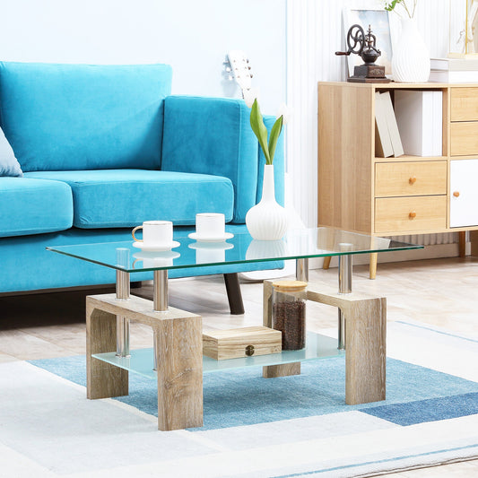 Rectangle Glass Coffee Table, 2-Tier Center Table with Tempered Glass Top and Storage Shelf for Living Room, Natural - Gallery Canada