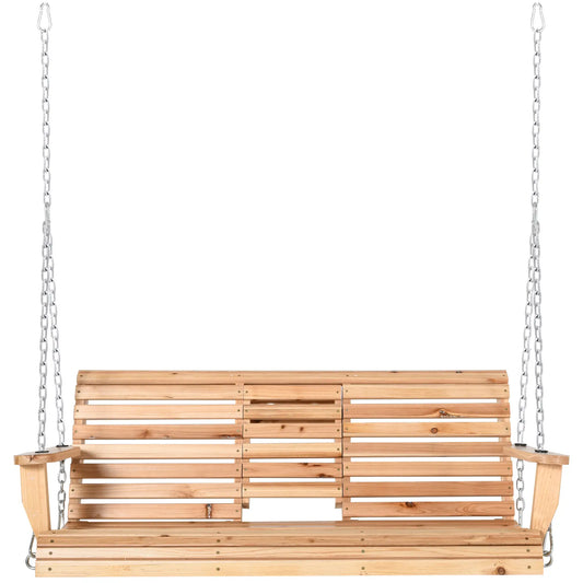 3 Seater Wood Patio Swing, Foldable Table, Cup Holders, Steel Chains, Natural Hanging Porch Swings Natural at Gallery Canada