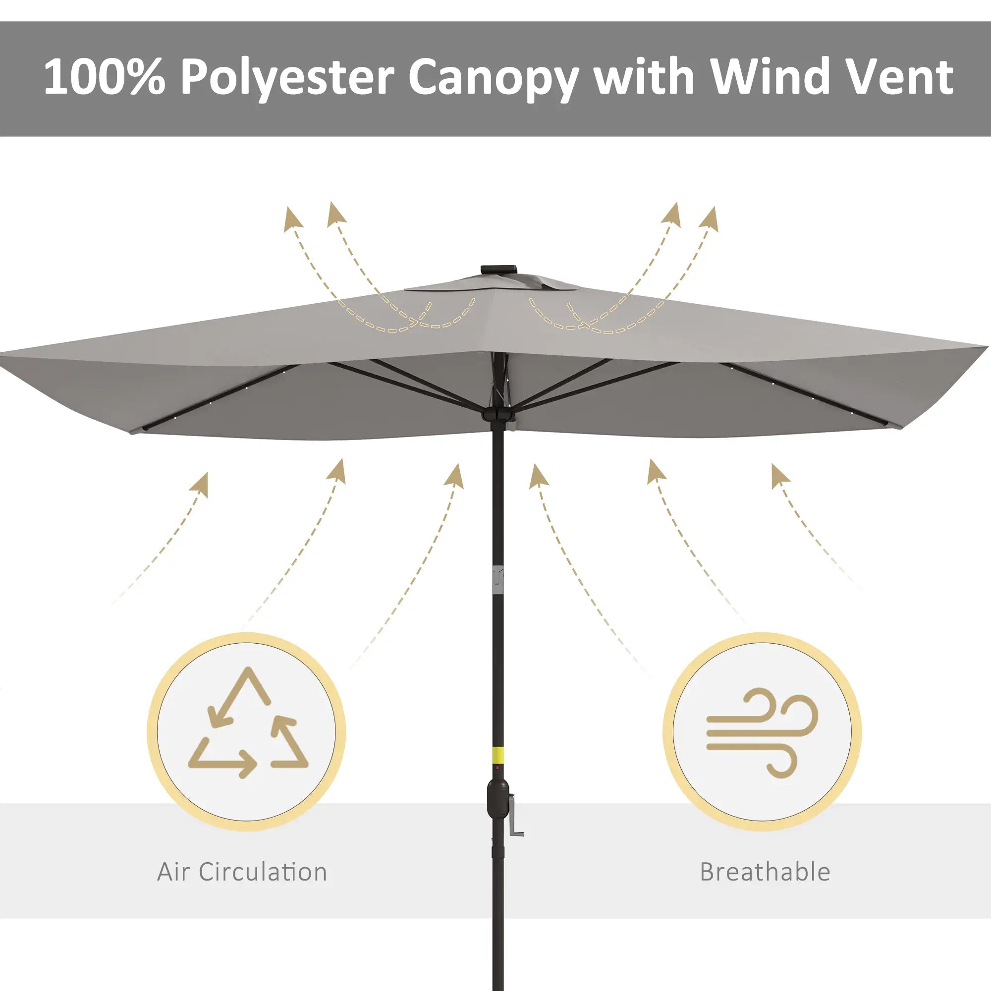 6.5x10ft Light Grey Tilt Aluminum Patio Umbrella, Solar Powered LEDs, Crank, Light Grey Sun Umbrellas at Gallery Canada