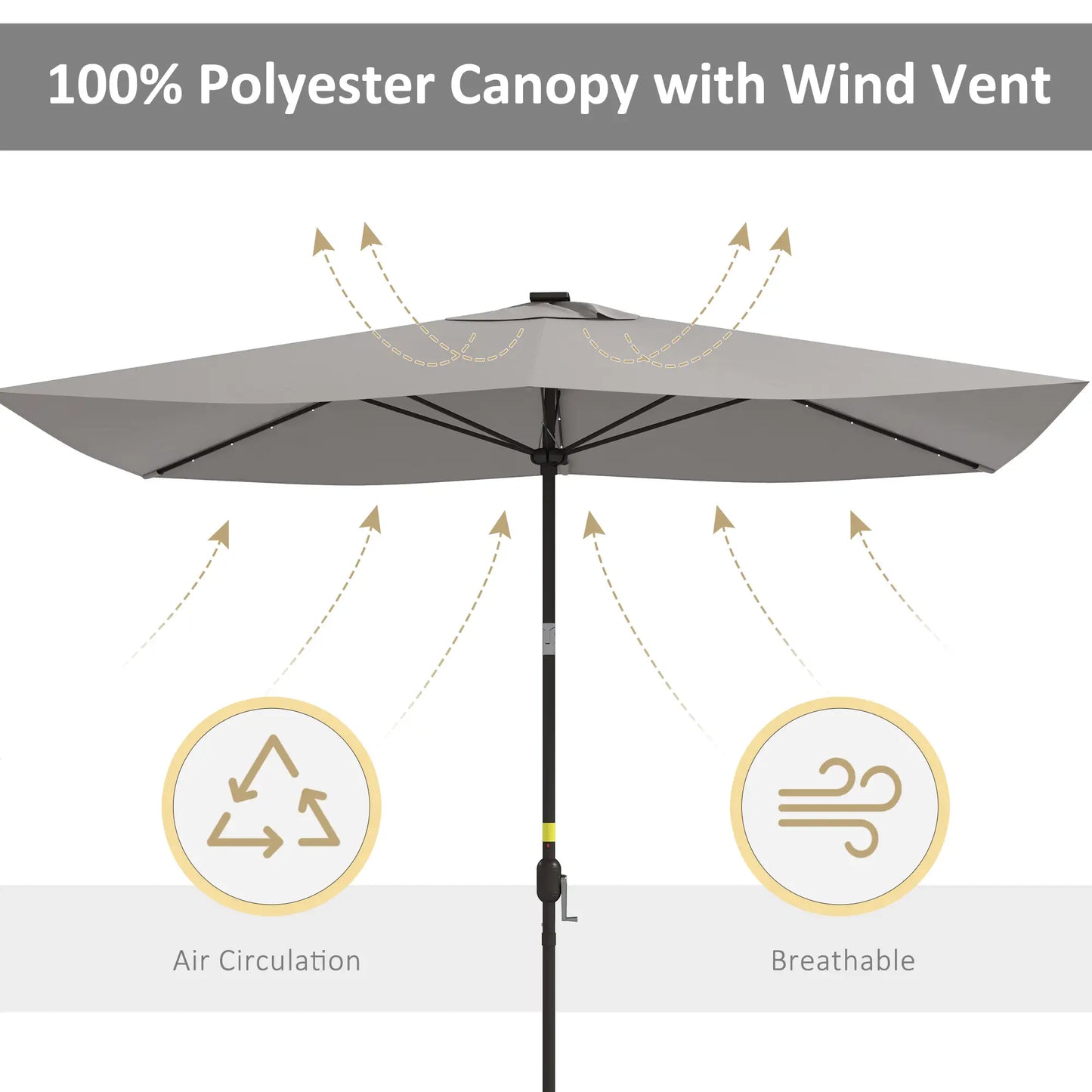 6.5x10ft Light Grey Tilt Aluminum Patio Umbrella, Solar Powered LEDs, Crank, Light Grey Sun Umbrellas at Gallery Canada