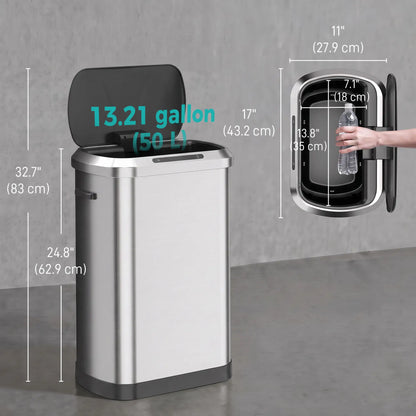 Automatic Trash Can, 13.2Gal / 50L, Touchless, Soft-Close Lid, Silver