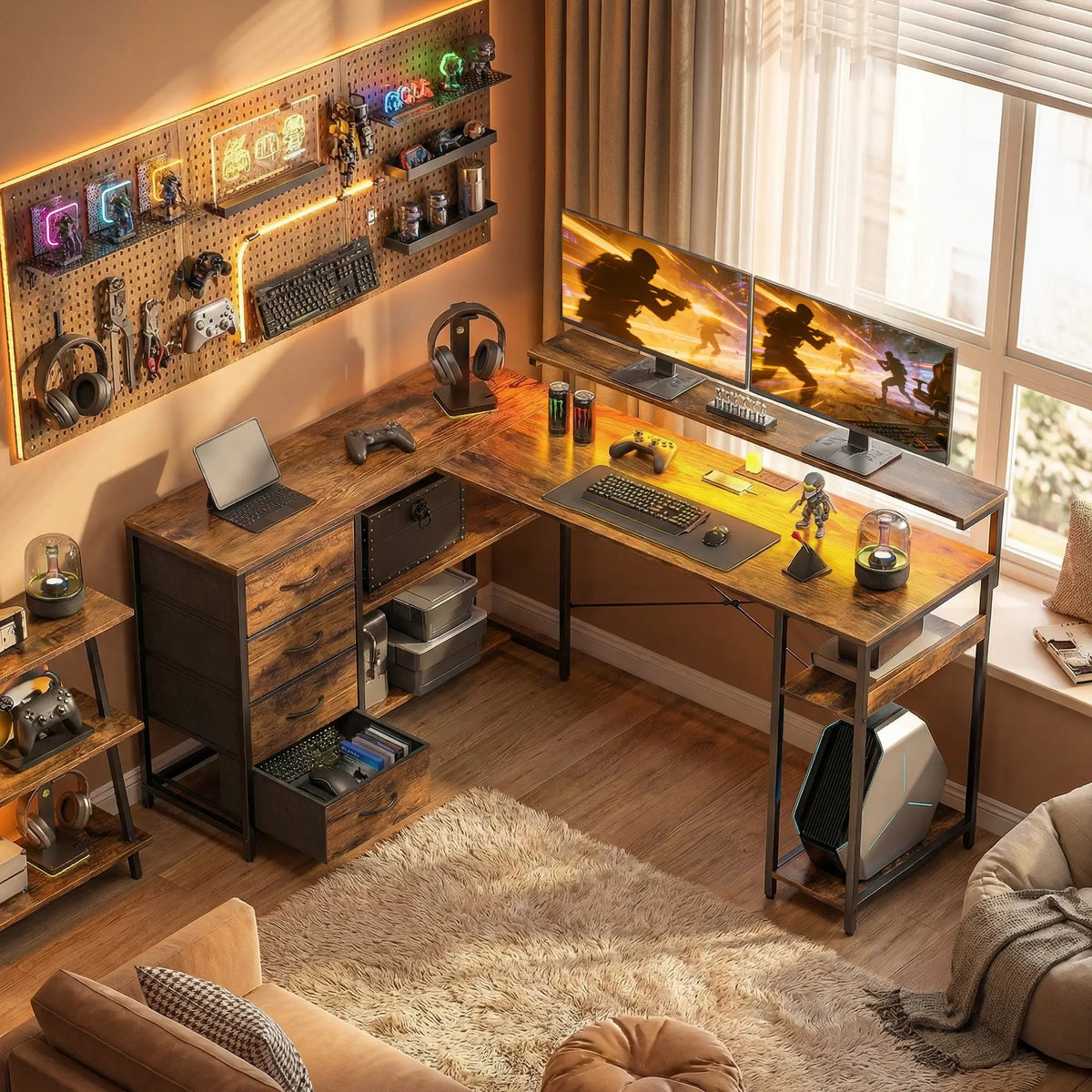 Gaming Desk With Power Outlets, LED Lights, Drawers, Monitor Stand, 61", Rustic Brown Gaming Desks at Gallery Canada
