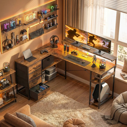 Gaming Desk With Power Outlets, LED Lights, Drawers, Monitor Stand, 61", Rustic Brown Gaming Desks at Gallery Canada