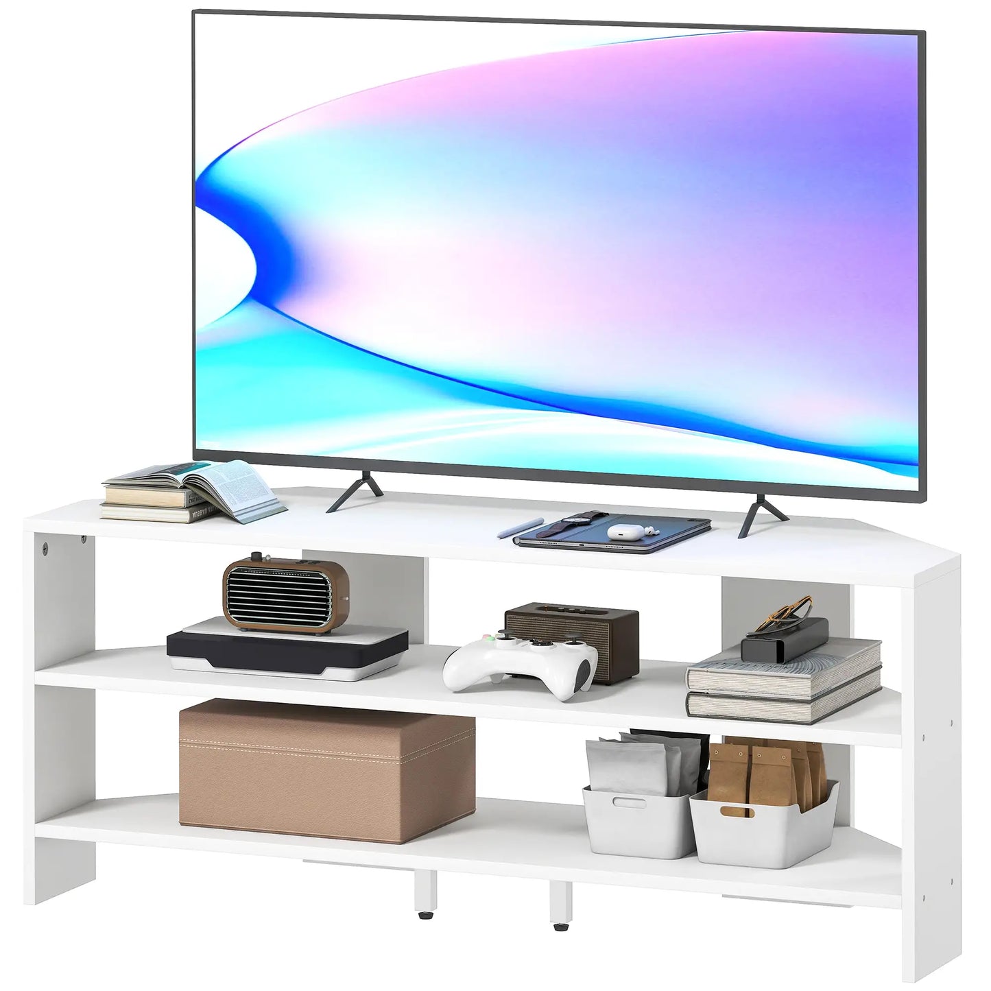 Corner TV Stand, Modern Table with 2 Shelves for 47 Inch TV, White TV Stands White at Gallery Canada