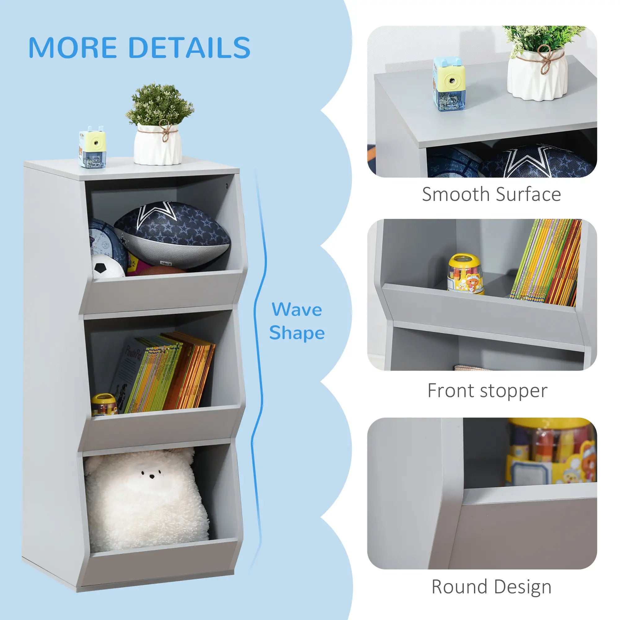Kids Storage Cabinet, 3 Shelves, Anti-Toppling, Toy Organizer, Bookcase, Grey Baby & Kids Storage at Gallery Canada