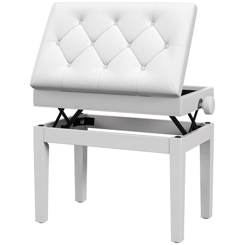 Adjustable Piano Bench, Storage, Soft PU Leather Padded, White
