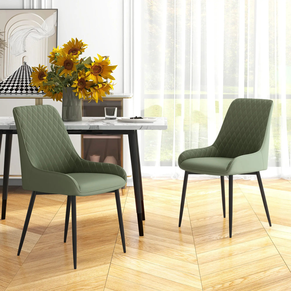Modern Dining Chairs Set of 2, PU Leather, Metal Legs, Green Dining Chairs at Gallery Canada